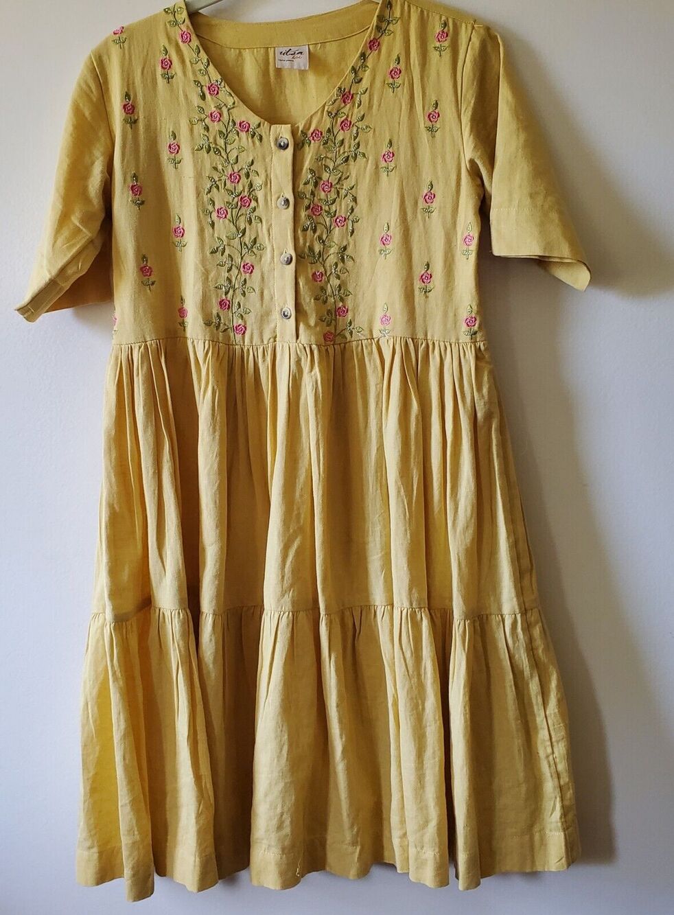 Utsa Kids Girls Yellow Dress 13 14 Y Cotton Embroidered Mid Length Tiered